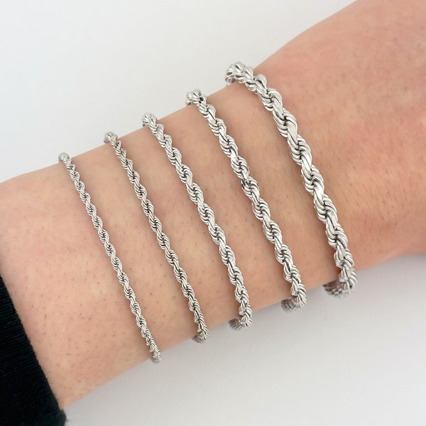Solid 14k White Gold Rope Bracelet Diamond Cut Italian Solid Gold Twisted Chain Bracelet 2MM-6MM 6.5"-9" Inches