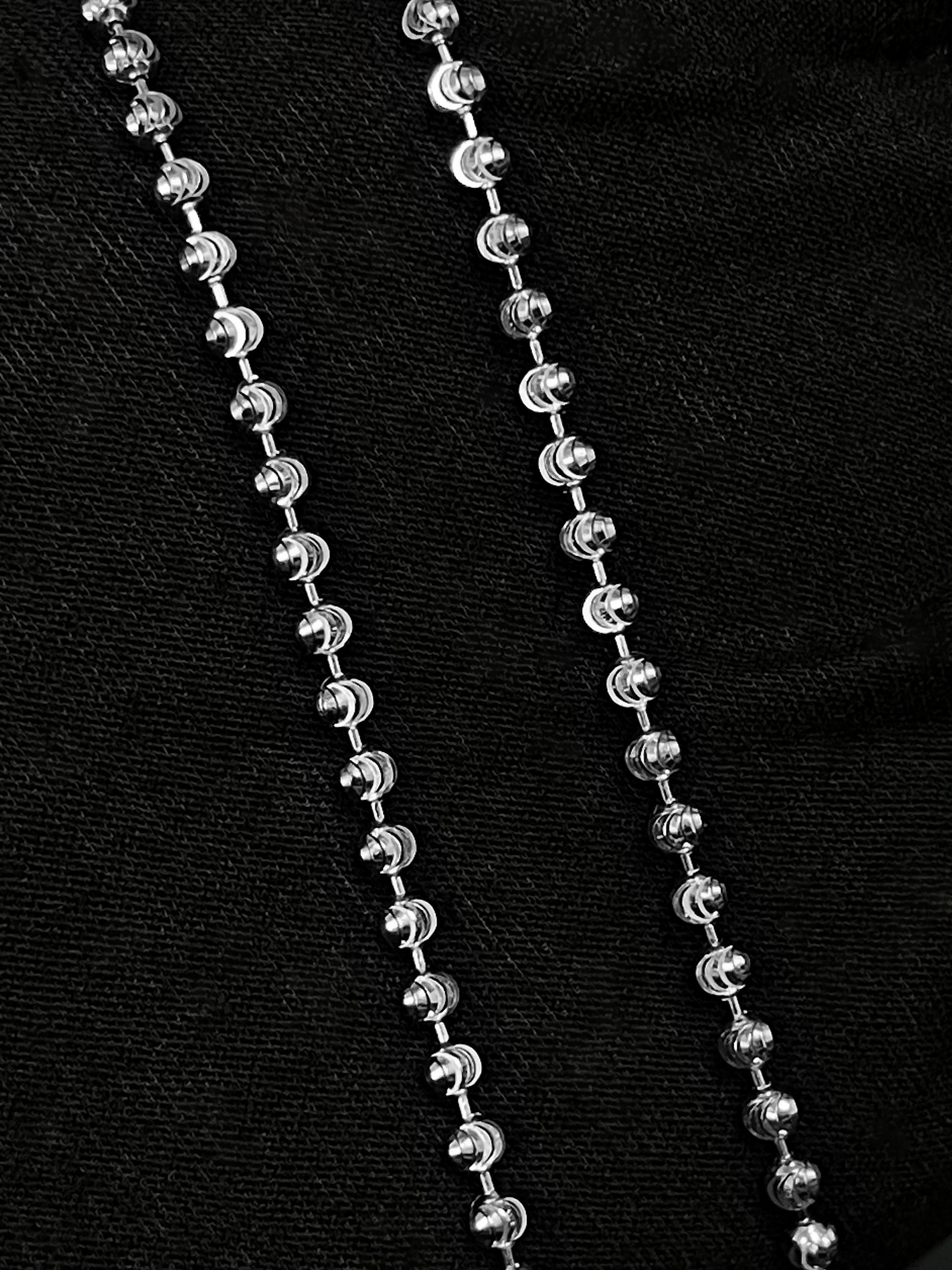 14k White Gold Solid Ball Moon Cut Bead Chain Italian Necklace Etsy