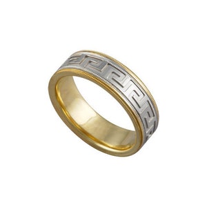 Solid 14k Yellow Gold Greek Key Design Ring Unique Milgrain Wedding Band
