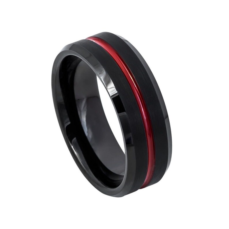 Red Two-Tone Tungsten Grooved Wedding Band Anniversary Ring