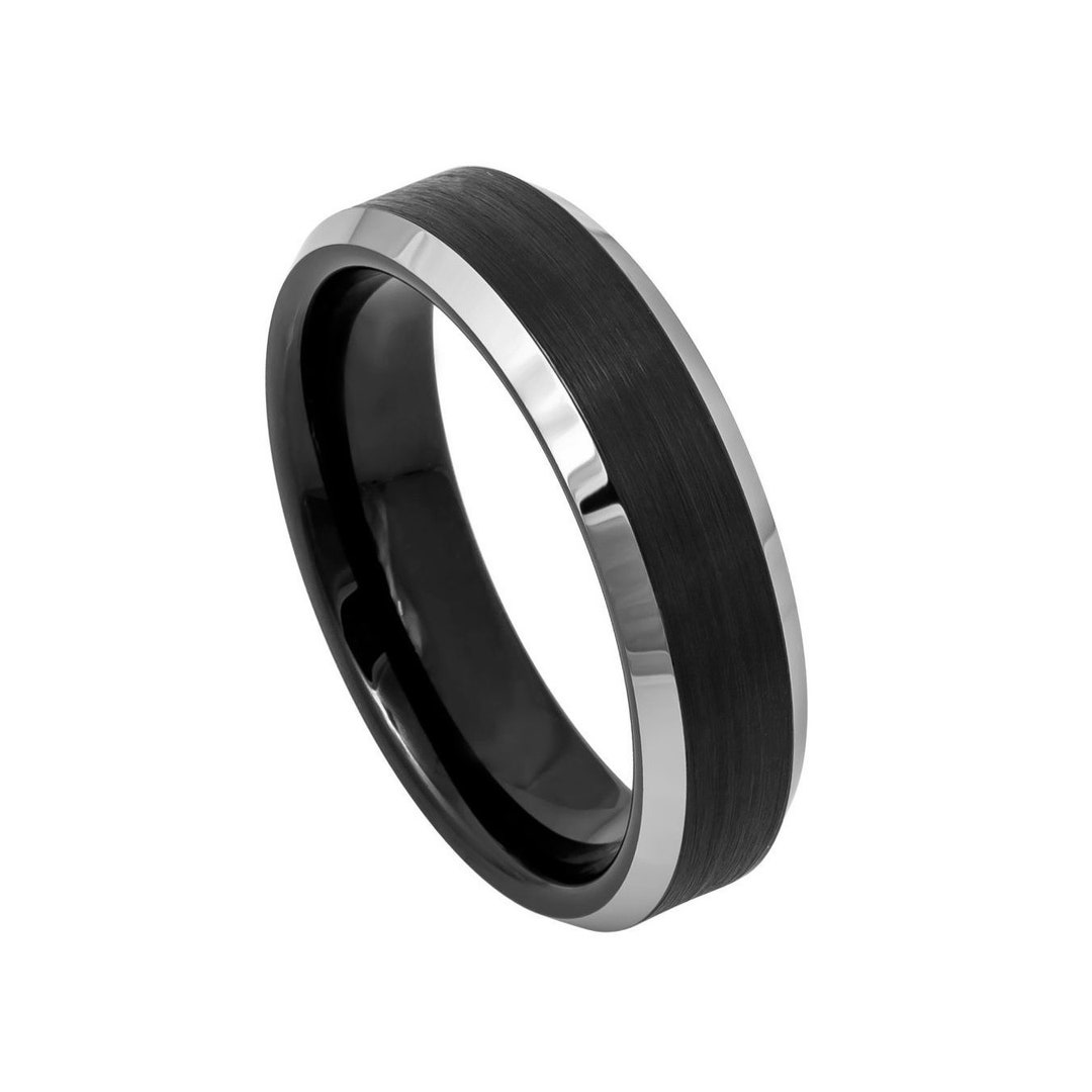 Black Ring Two-tone Silver Wedding Band Brushed Center Beveled - Etsy