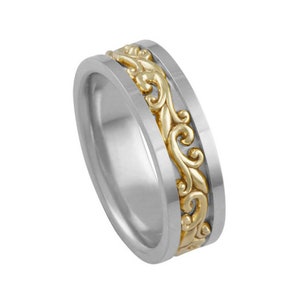 14k 2-Tone Solid Gold Wedding Band Nature Inspired Mens Ring Promise Ring