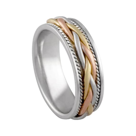 14k Tri-color Gold Hand Woven Braided Wedding Band Gold Unique