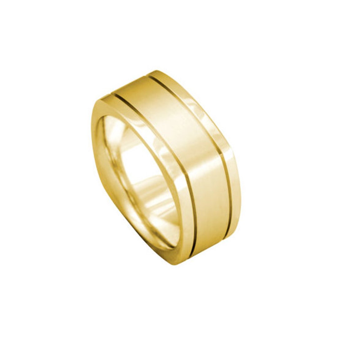 14k Yellow Gold Unique Square Shaped Band Ring 8.5mm Men's Wedding Ring ...