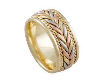 14k Tri-tone Gold Hand Woven Ring Unique Rope Twist Wedding Band