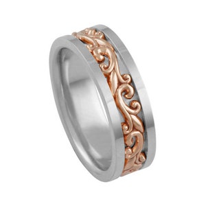 14k 2-Tone Solid Gold Wedding Band Nature Inspired Mens Ring Promise Ring