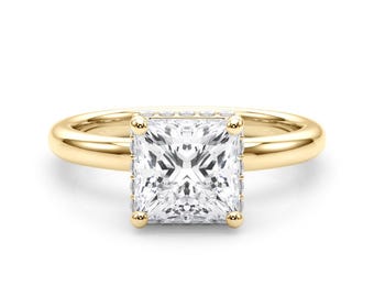 2 Carat Princess Cut Diamond 14k Yellow Gold Lab Grown Diamond Hidden Halo Engagement Ring IGI Certified
