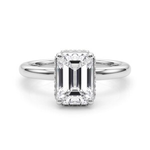 2 Carat Emerald Diamond 14k White Gold Lab Grown Diamond Hidden Halo Engagement Ring IGI Certified Unique Ring