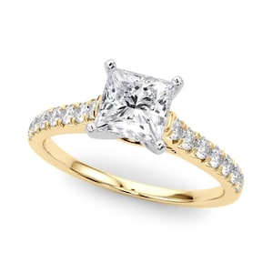 1 Carat Princess Cut Lab Grown Diamond Engagement Ring Classic Pave Diamond Ring IGI Certified 14k Yellow Gold
