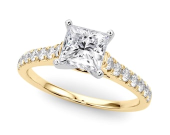 1 Carat Princess Cut Lab Grown Diamond Engagement Ring Classic Pave Diamond Ring IGI Certified 14k Yellow Gold