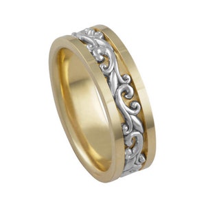 14k 2-Tone Solid Gold Wedding Band Nature Inspired Mens Ring Promise Ring