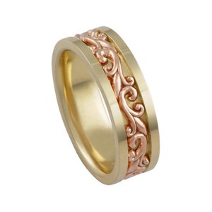 14k 2-Tone Solid Gold Wedding Band Nature Inspired Mens Ring Promise Ring