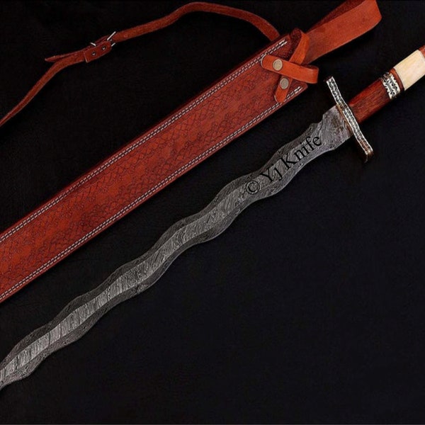 Victorinox Custom TWD, Damascus Steel Functional Sword 34 inches, Kris Blade, Keri Flamberge, With Sheath, Gift For Him