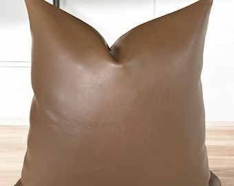 Brown Faux Leather Throw Pillow Cover , Lumbar and Euro Sham , Accent Pillowcase , Soft Cognac Faux Leather Couch Pillow