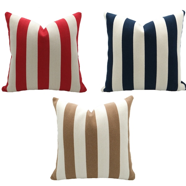 Thick Stripes Neutral Throw Pillow , Navy Blue , Red , Mustard Striped Pillow Cover , Modern Farmhouse Pillow , Rustic Woven Pillowcase