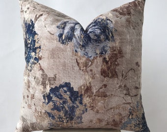 Blue Rose and Taupe Cotton Velvet Pillow Cover , Teal Floral Accent Pillow Case , Navy Blue Taupe Pillow Case , Antique Floral Cushion Case