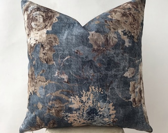 Navy Blue and Brown Floral Cotton Velvet Pillow Cover , Teal Flower Accent Pillow Case , Dark Blue Taupe Pillow Case ,Nautical Euro Sham