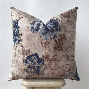 Blue Rose and Taupe Cotton Velvet Pillow Cover , Teal Floral Accent Pillow Case , Navy Blue Taupe Pillow Case , Antique Floral Cushion Case