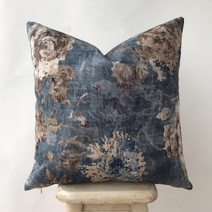 Navy Blue and Brown Floral Cotton Velvet Pillow Cover , Teal Flower Accent Pillow Case , Dark Blue Taupe Pillow Case ,Nautical Euro Sham image 1