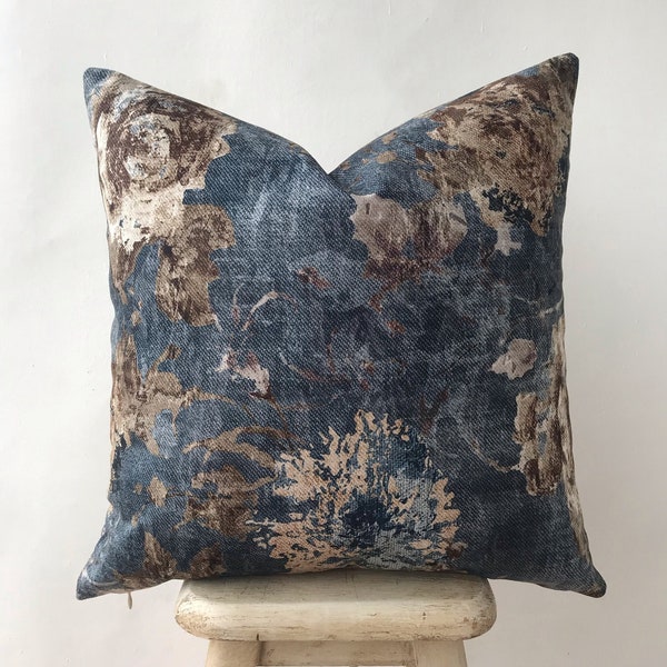 Housse de coussin en velours de coton à fleurs bleu marine et marron, taie d'oreiller accent fleurs bleu sarcelle, taie d'oreiller bleu foncé taupe, taie d'oreiller nautique