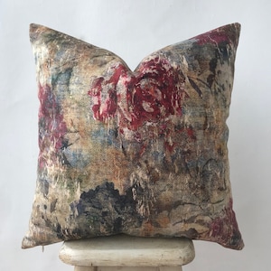 Floral Cotton Velvet Pillow Cover , Red Green and Mustard Throw Pillow Case , Botanical Accent Pillow , Multicolored Cushion Case