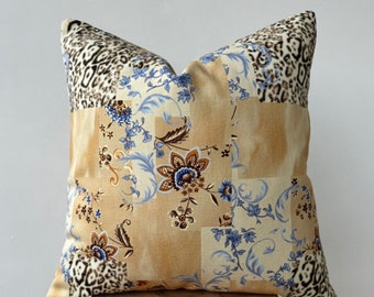 Beige Brown and Blue Leopard Pattern Throw Pillow Cover , Animal Print Custom Pillowcase , Cheetah Decorative Pillow , Taupe Teal Blue
