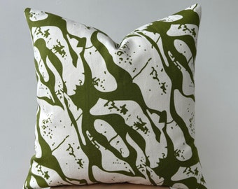 Green White Throw Pillow Cover , Decorative Pillowcase , Abstract Art Euro Sham , Cotton Linen Block Print Cushion , 16x16 18x18 20x20 24x24