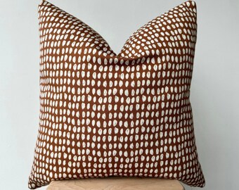 Brown White Polka Dot Linen Cotton Throw Pillow Cover , Block Print Decorative Couch Cushion , Designer Euro Sham , Housewarming Gift ,