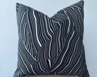 Black White Throw Pillow Cover , Abstract Art Stripe Pillowcase , Modern Euro Sham , 20x20 24x24 26x26 , Cotton Linen Block Print Cushion