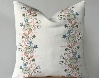 Minimalistic Flowers Throw Pillow Cover , Modern Chic Pillow Case , Cotton and Linen Block Print Accent Pillow , White Green Blue Euro Sham