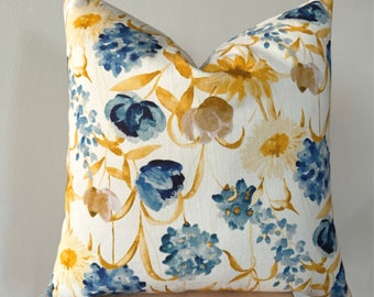 Floral Linen Pillow Cover in Various Colors , Navy Blue Yellow Tulips Throw Pillowcase , Olive Green Blue Cushion Cover , Lumbar Euro Sham