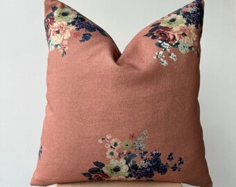 Rust Floral Pillow Cover , Rose Pattern Pillow Case , Green Purple Light Blue Euro Sham , Antique Floral Cushion Case