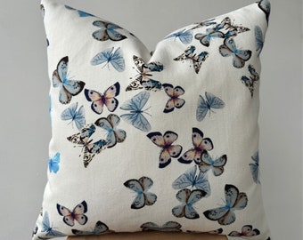 Butterfly Pattern Throw Pillow Cover , Blue Butterfly Couch Pillow Case , Cottage Cushion , Designer Euro Sham , Botanical Toss Pillow