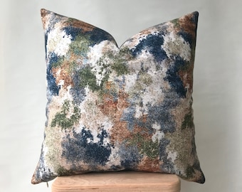 Navy Blue Green Abstract Art Throw Pillow , Bohemian Vivid Tropical Cushion Case , Painting Print Lumbar Euro Sham , Indoor & Outdoor Pillow