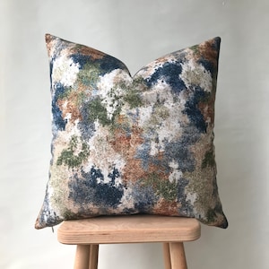 Navy Blue Green Abstract Art Throw Pillow , Bohemian Vivid Tropical Cushion Case , Painting Print Lumbar Euro Sham , Indoor & Outdoor Pillow