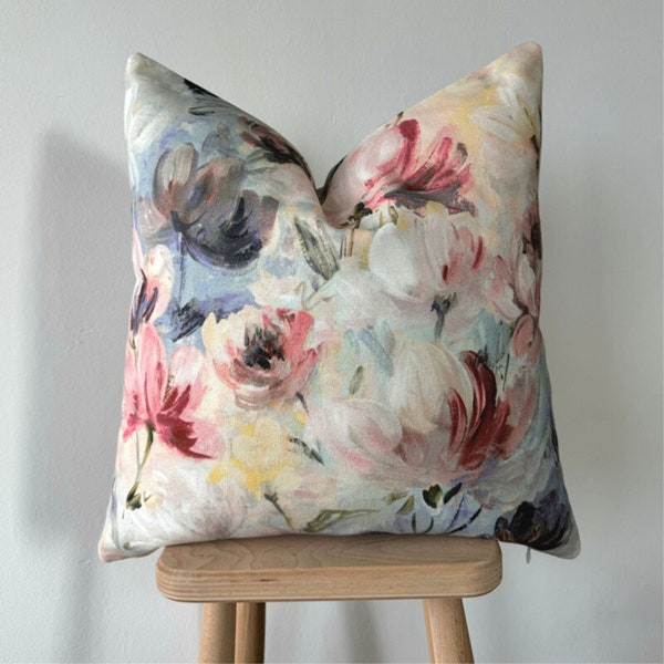 Floral Chinoiserie Throw Pillow Cover , Linen Peony Pillow Case , Soft Colors Designer Cushion , 16x16 20x20 , Exotique Pillow Cover