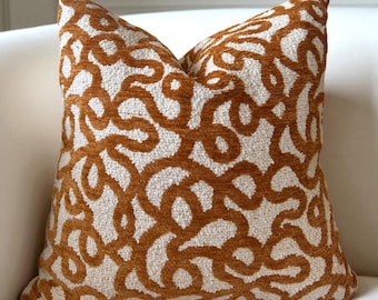 Burnt Orange White Chenille Textured Throw Pillow Cover , Abstract Pillowcase , Contemporary Boho Couch Pillow , Coastal Housewarming Gift