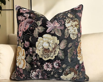 Floral Tapestry Pillow Cover , Vintage Design Couch Pillowcase , Dark Botanical Roses Textured Euro Sham Lumbar , Dark Gray Cream and Pink