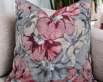 Large Floral Tapestry Pillow Cover , Red Grey and Light Beige Sofa Accent , Luxury Pillowcase , Sofa Cushion Vintage Style Euro Sham Lumbar