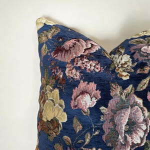 Navy Blue Floral Tapestry Pillow Cover , Cottagecore Design Couch Pillowcase , Dark Blue Botanical Roses Textured Euro Sham Lumbar , Gift