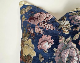Navy Blue Floral Tapestry Pillow Cover , Cottagecore Design Couch Pillowcase , Dark Blue Botanical Roses Textured Euro Sham Lumbar , Gift