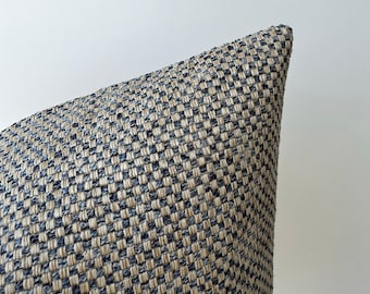 Blue Beige Textured Pillow Cover , Teal Blue Boho Euro Sham , Plaid Throw Pillowcase , Natural Linen Cotton Decorative Pillow