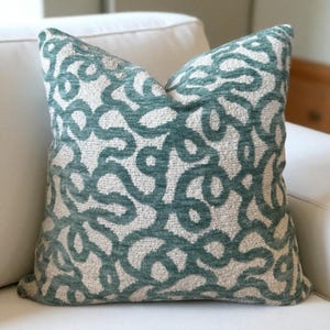 Teal Blue White Chenille Textured Throw Pillow Cover , Mint Abstract Pillowcase , Contemporary Boho Couch Pillow , Coastal Housewarming Gift