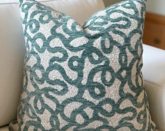 Teal Blue White Chenille Textured Throw Pillow Cover , Mint Abstract Pillowcase , Contemporary Boho Couch Pillow , Coastal Housewarming Gift