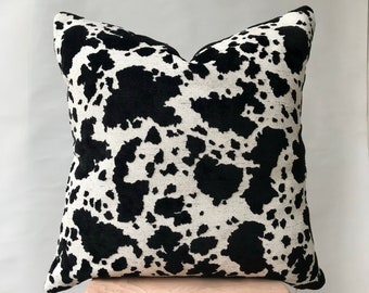 Black Off White Velvet Throw Pillow Cover , Cow Pattern Euro Sham , Lumbar Texture Pillowcase , Designer Cushion , 14x20 24x24 Pillow Case