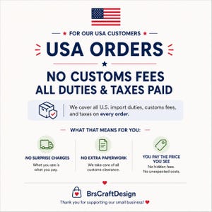 May include: A graphic with the American flag and text that reads "USA ORDERS, NO CUSTOMS FEES, ALL DUTIES & TAXES PAID." It also states "No Surprise Charges," "No Extra Paperwork," and "You Pay The Price You See."