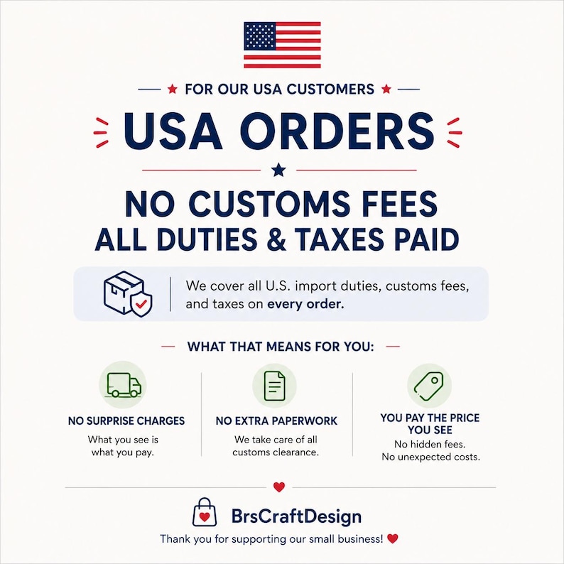 May include: A graphic with the American flag and text that reads "USA ORDERS, NO CUSTOMS FEES, ALL DUTIES & TAXES PAID." It also states "No Surprise Charges," "No Extra Paperwork," and "You Pay The Price You See."