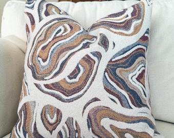 Abstract Marble Throw Pillow Cover , Blue Taupe Brown Beige Cushion Case , Nautical Euro Sham , Geometric Luxury Accent Pillow, Couch Pillow