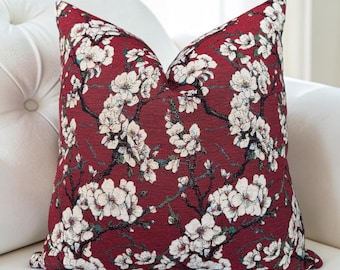 Burgundy Cherry Blossom Pillow Cover , Dark Red Floral Tapestry Throw Pillowcase , Chinoiserie Decorative Accent Pillow ,  Almond Blossom