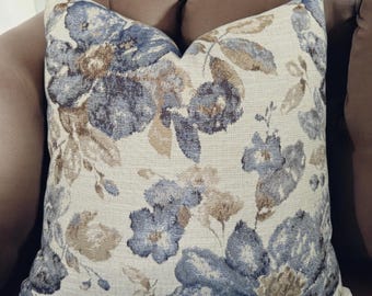 Blue Taupe and Ivory Floral Pillow Cover , Teal Flower Couch Pillowcase , Nautical Euro Sham Lumbar , Rose Pattern Beige Blue Accent Pillow